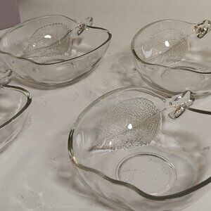 4 Vintage Clear Glass Apple W/ Etched Leaf Bowl Set